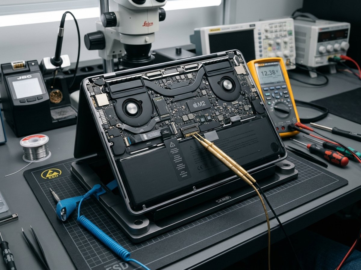 Apple MacBook Pro opened on electronics diagnostic workbench with multimeter and microscope