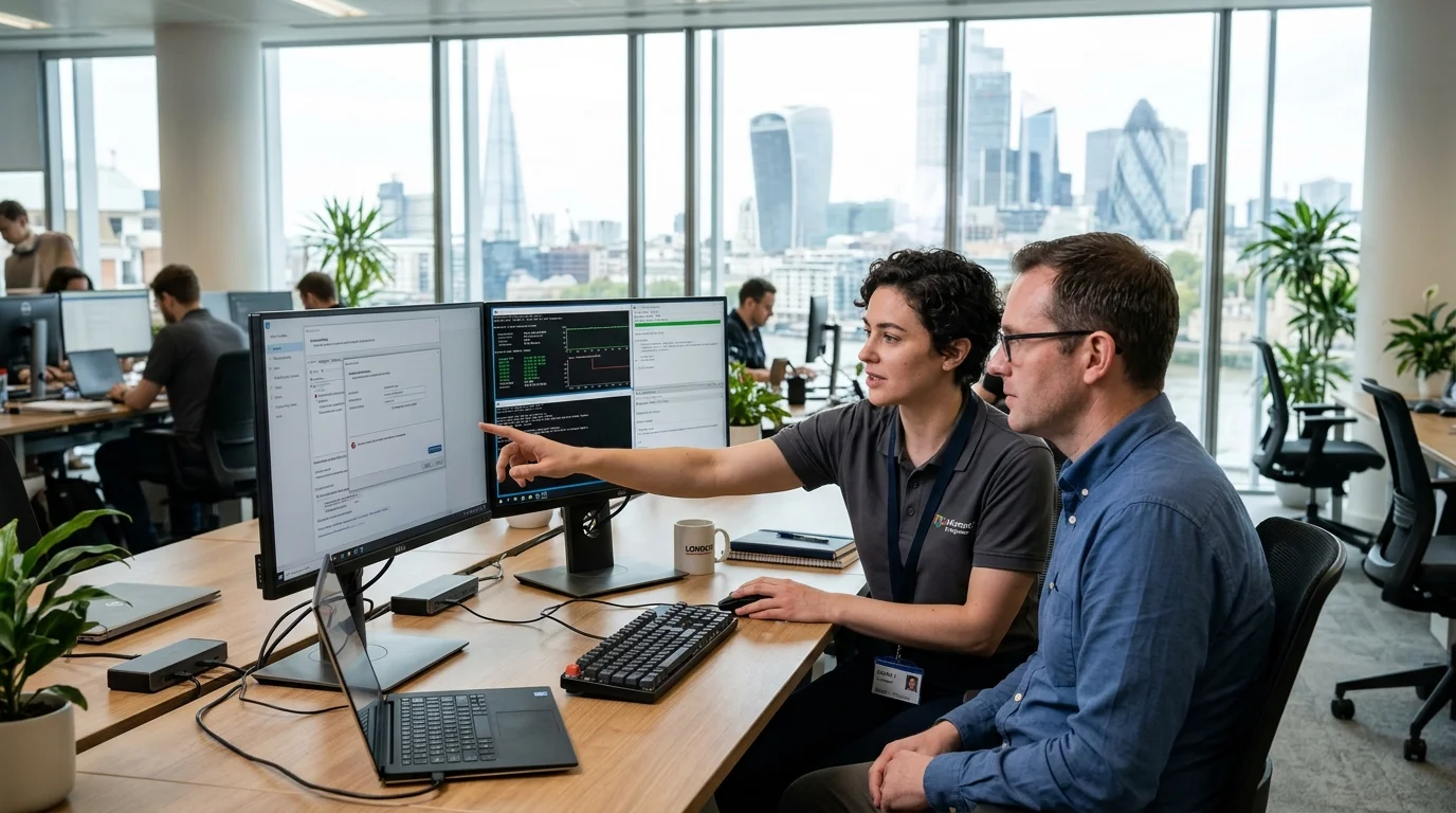IT support specialist resolving Outlook disconnected status and M365 email configuration on dual desktop monitors