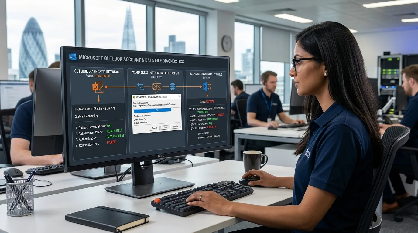 IT specialist running Outlook data file repair and inspecting Microsoft 365 Exchange connectivity status