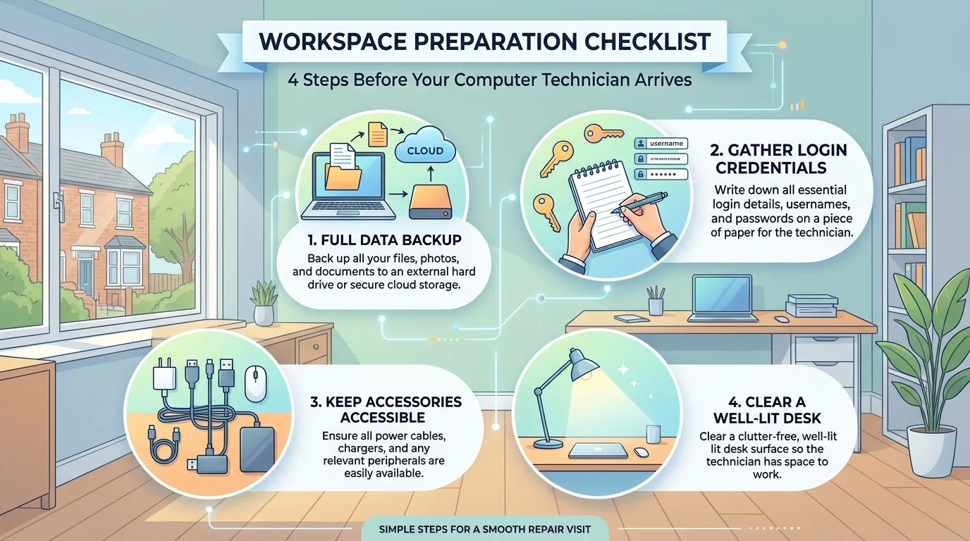 Infographic showing 4 preparation steps: full data backup, gather login credentials, keep cables accessible, and clear a desk