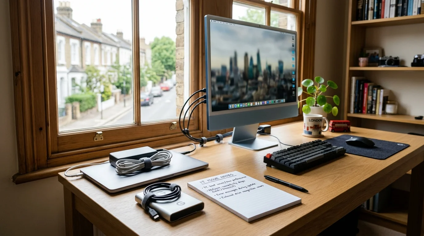 Organized London home office desk with computer, power adapters, external backup drive, and symptom checklist notepad
