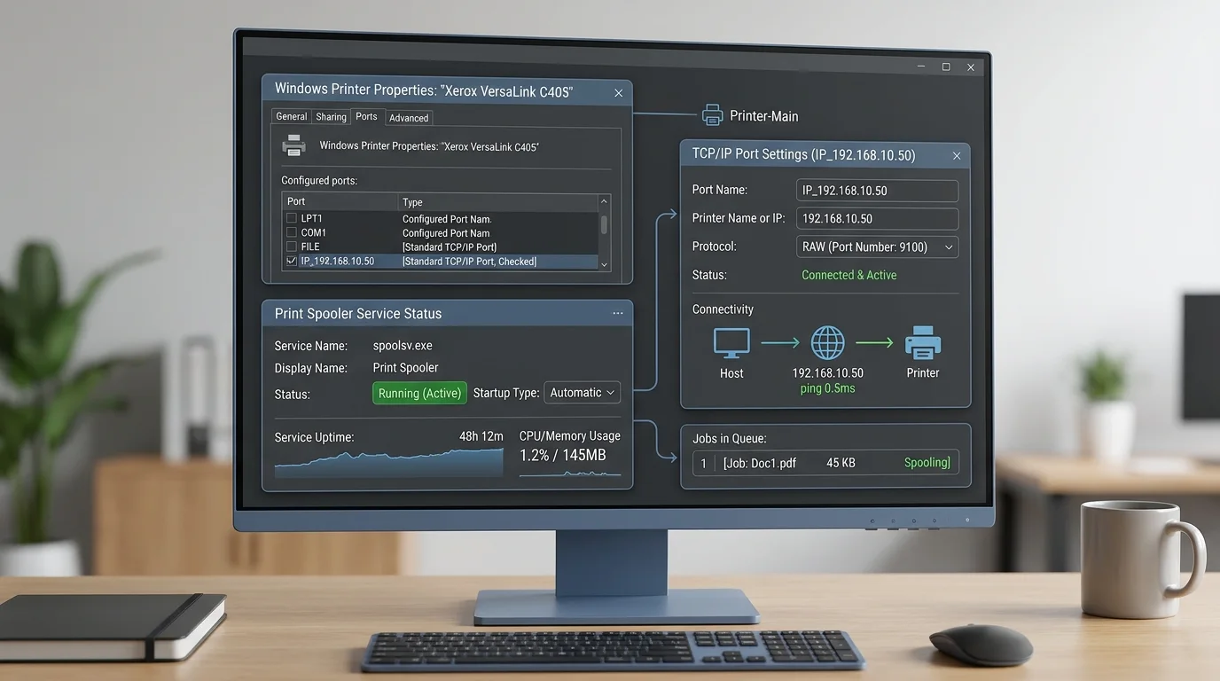 Windows printer properties and TCP/IP port configuration dialog showing spooler status and active IP address