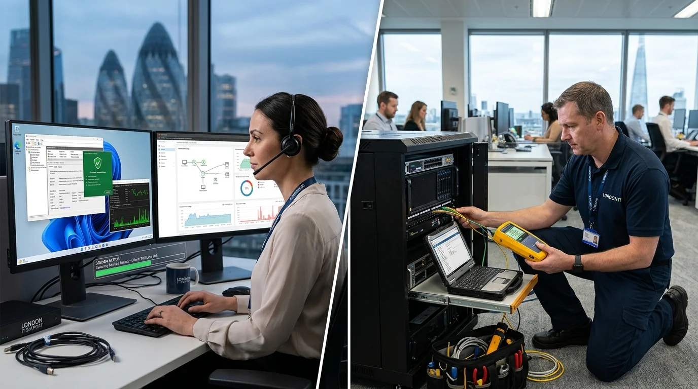 Split comparison showing a remote IT support technician with encrypted connection on the left, and an on-site engineer on the right