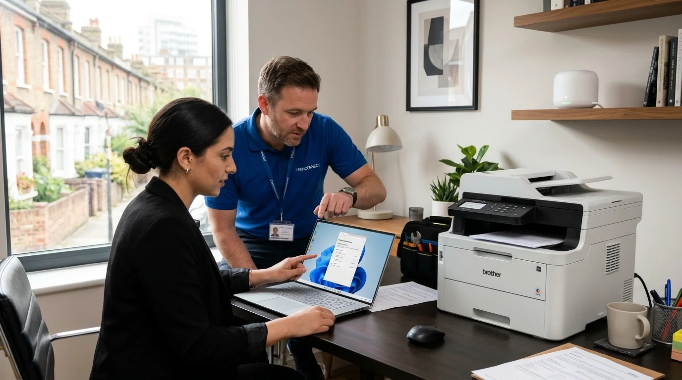 Technician and client troubleshooting wireless laser printer offline status on a Windows laptop in a London office